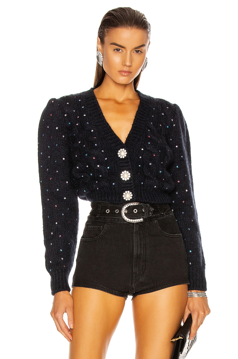 Image 1 of Alessandra Rich Wool Crystal Cropped Cardigan in Navy Blue