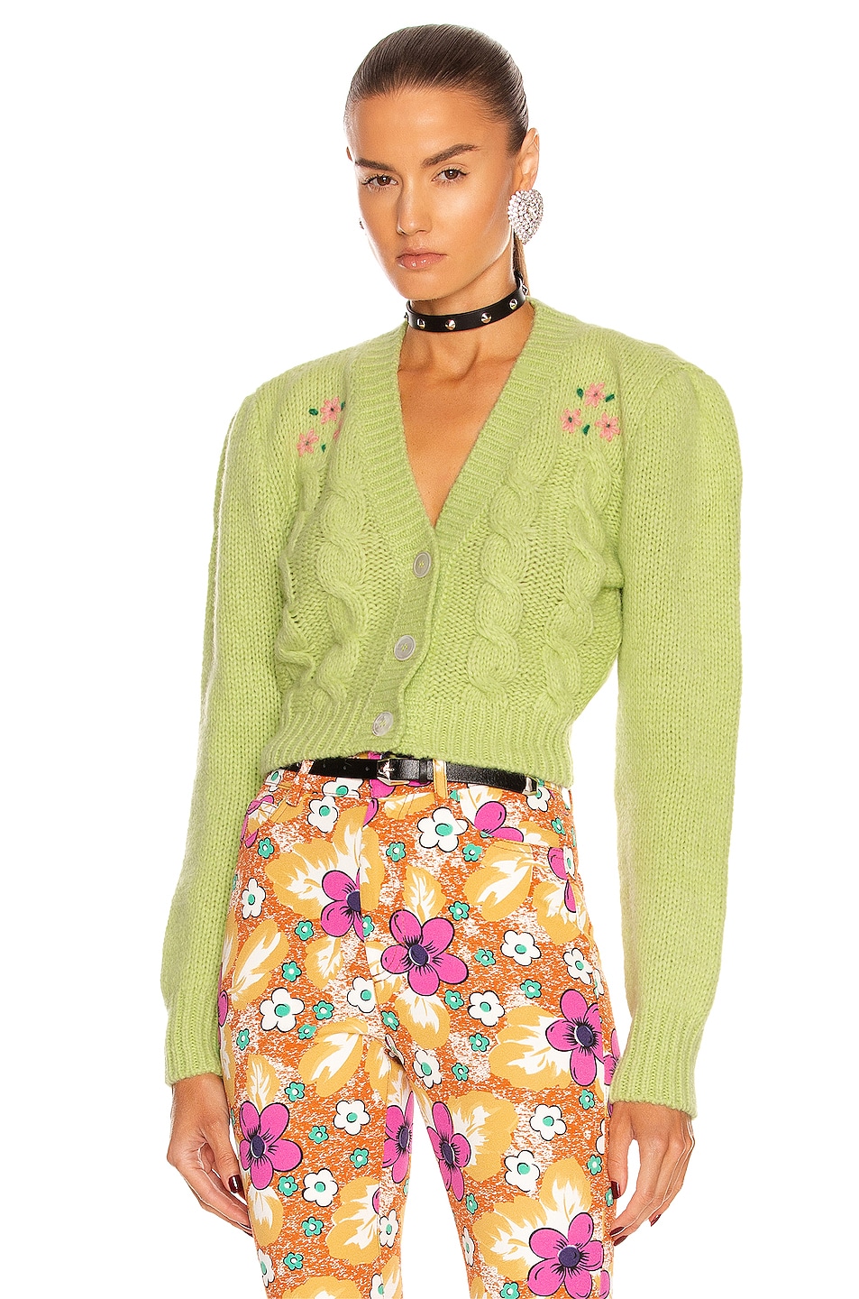 Image 1 of Alessandra Rich Embellished Mohair Cropped Cardigan in Green