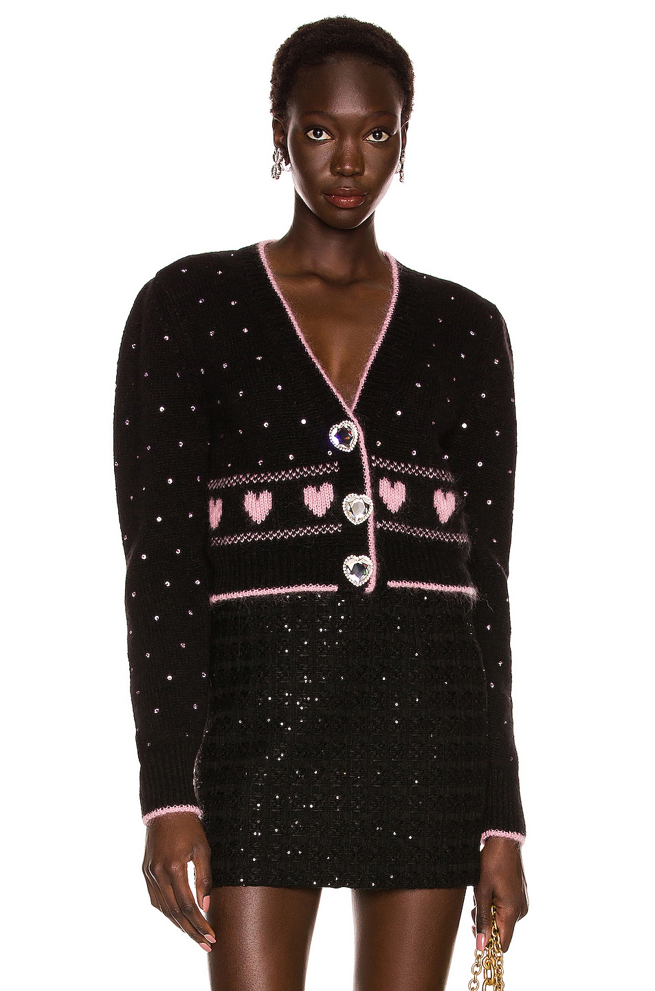 Image 1 of Alessandra Rich Heart Jacquard Hotfix Cropped Cardigan in Black & Pink