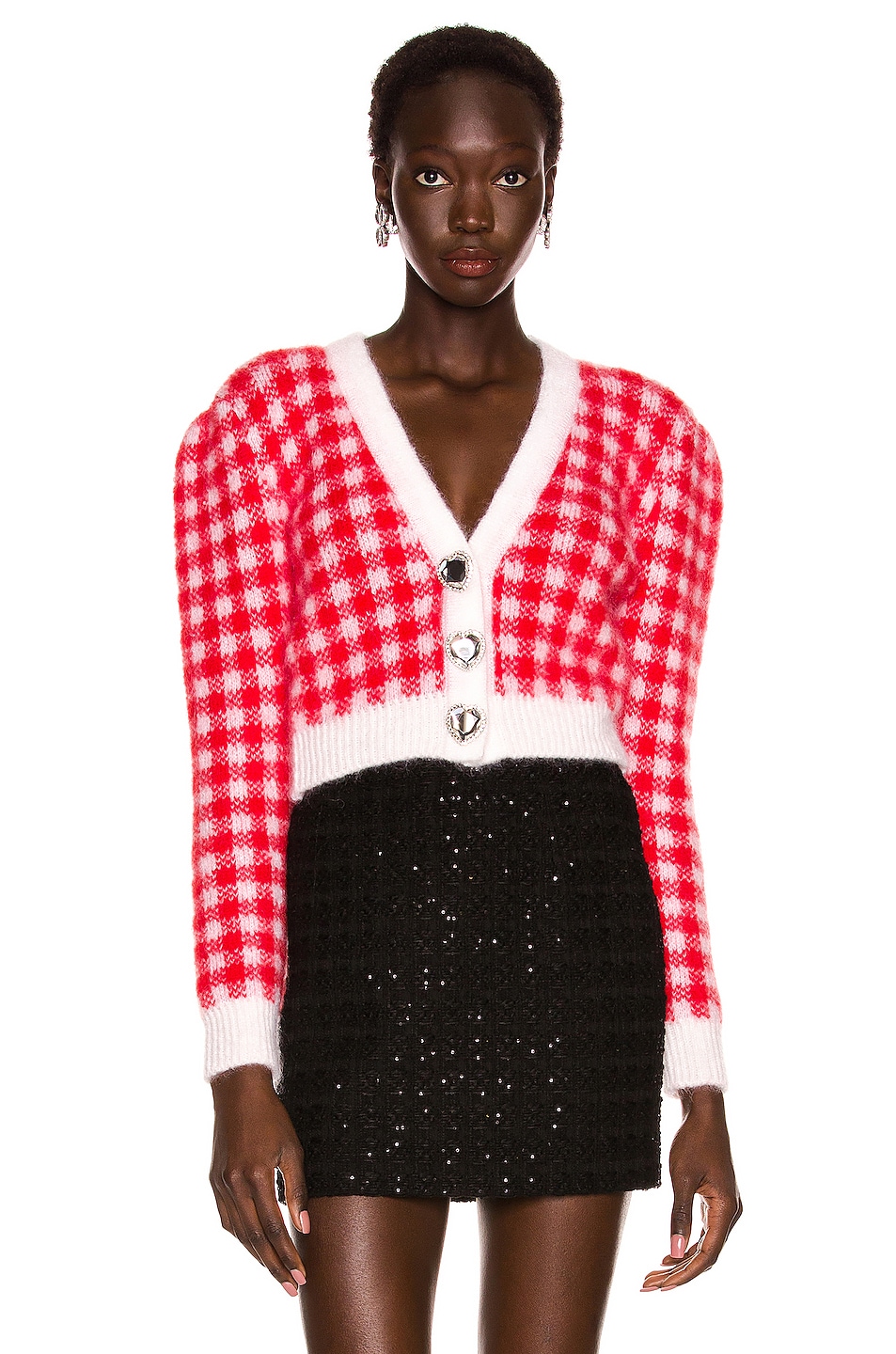 Image 1 of Alessandra Rich Mohair Jacquard Cardigan in Red & White