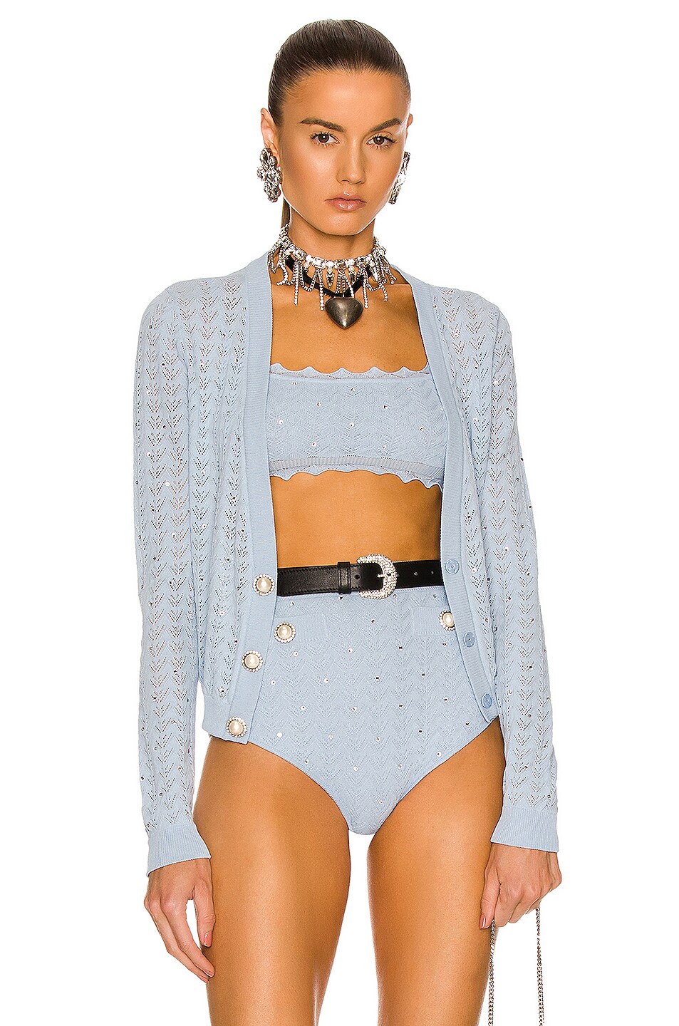 Image 1 of Alessandra Rich Lace Knit Cardigan in Light Blue