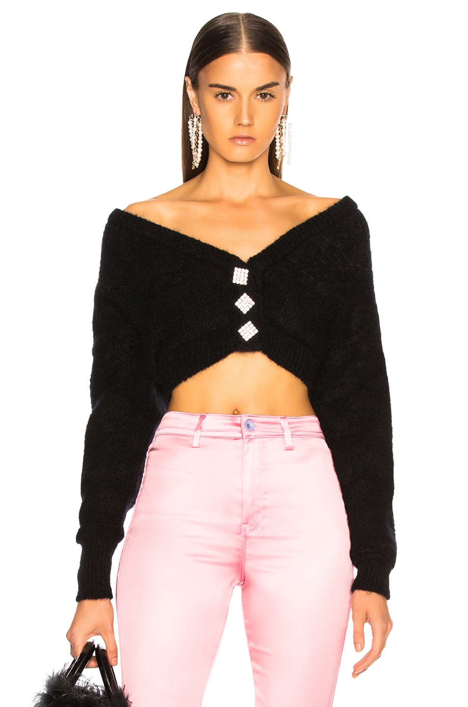 Image 1 of Alessandra Rich Cropped Mohair Off Shoulder Cardigan in Black