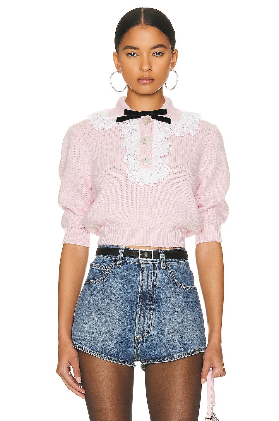 Image 1 of Alessandra Rich Knitted Jumper With Collar And Lace Volant in Pink
