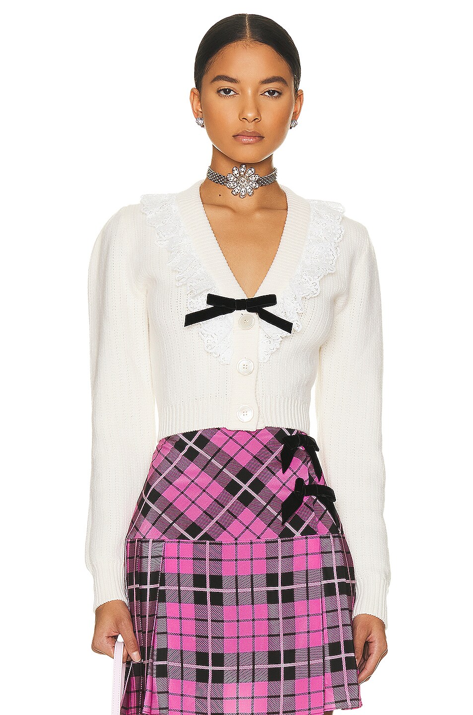 Image 1 of Alessandra Rich Knitted Cardigan With Lace Volant And Velvet Bow in White