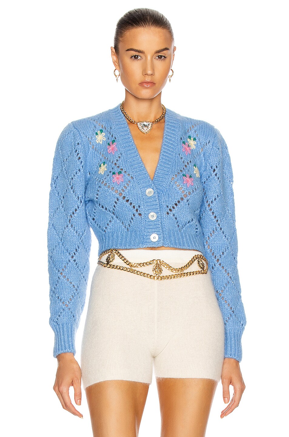 Image 1 of Alessandra Rich Wool Cardigan with Floral Details in Light Blue