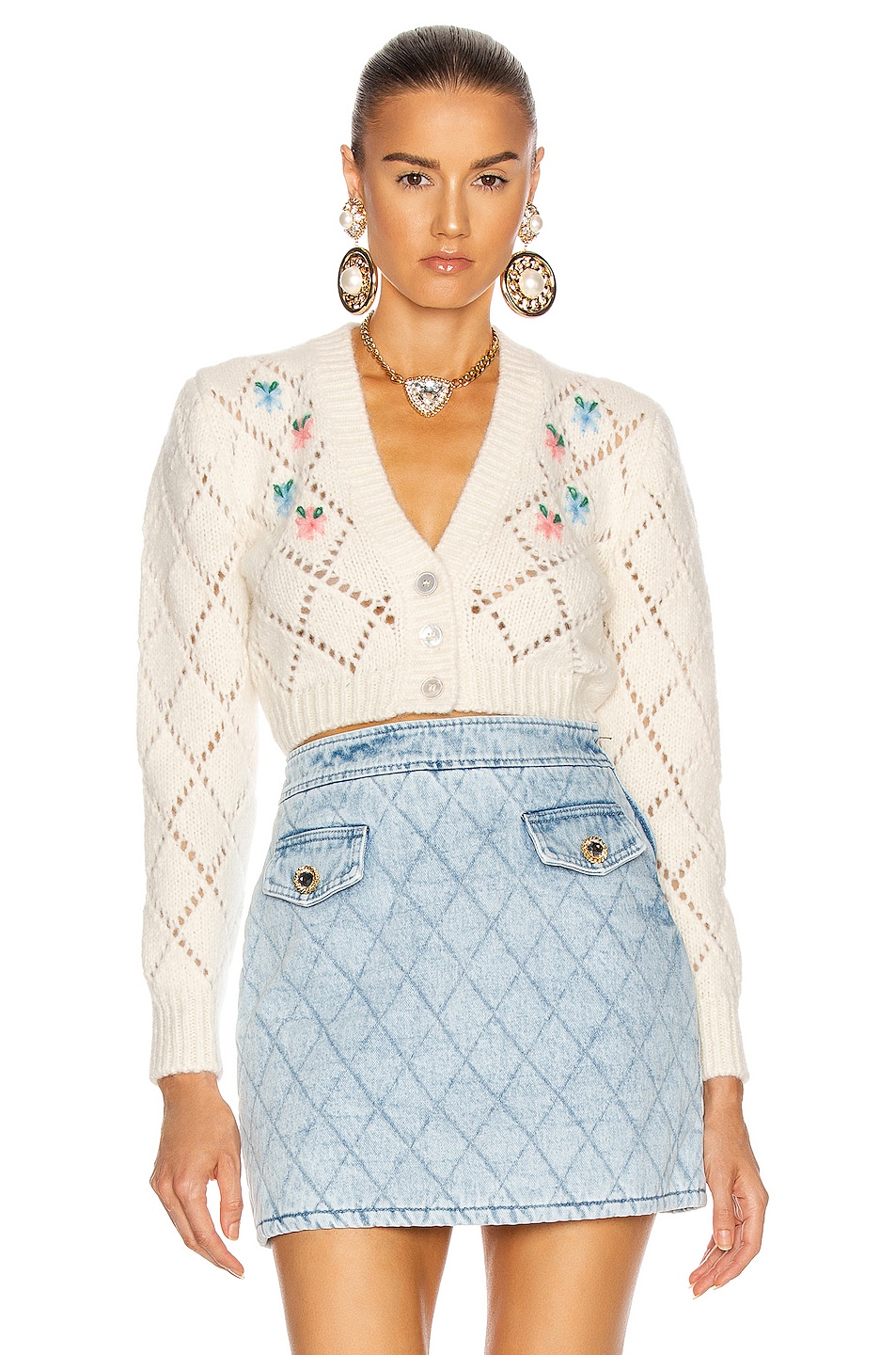 Image 1 of Alessandra Rich Wool Cardigan with Floral Details in White