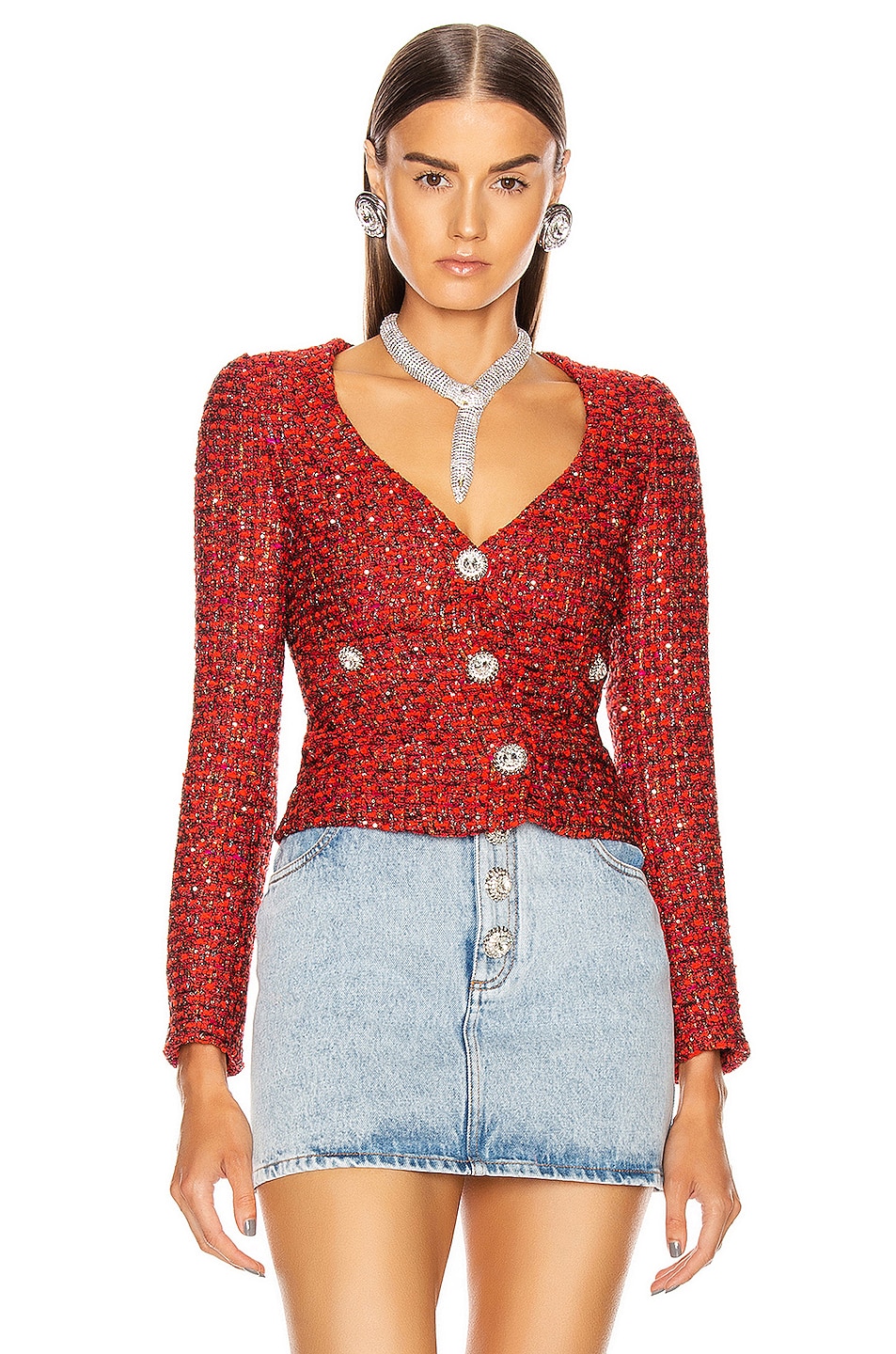 Image 1 of Alessandra Rich Sweetheart Neck Sequin Tweed Jacket in Red
