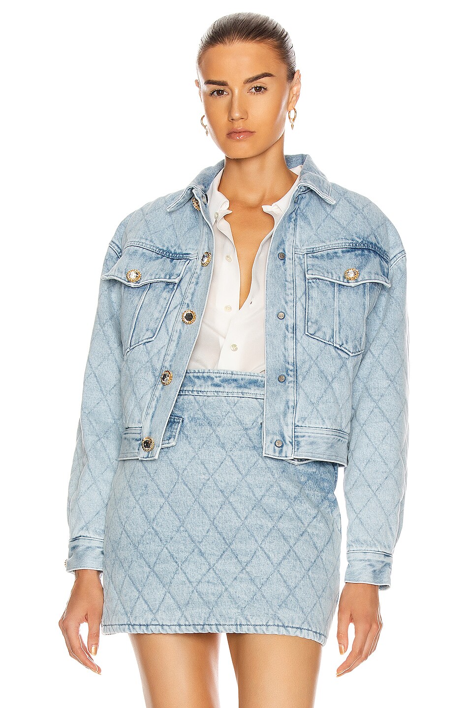 Image 1 of Alessandra Rich Quilted Denim Bomber Jacket in Light Blue