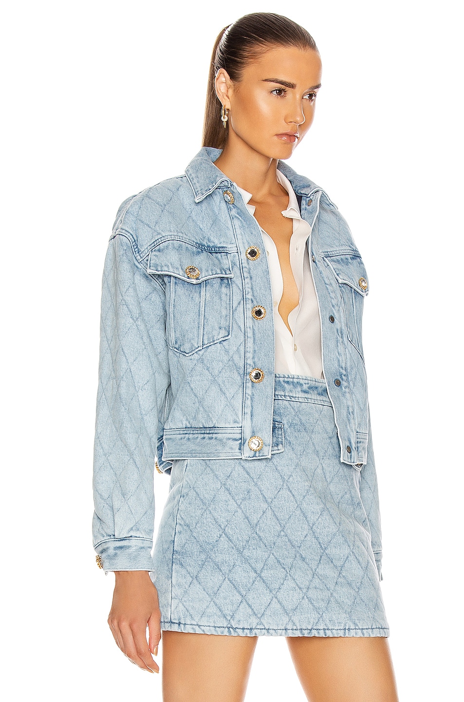 Alessandra Rich Quilted Denim Bomber Jacket in Light Blue | FWRD