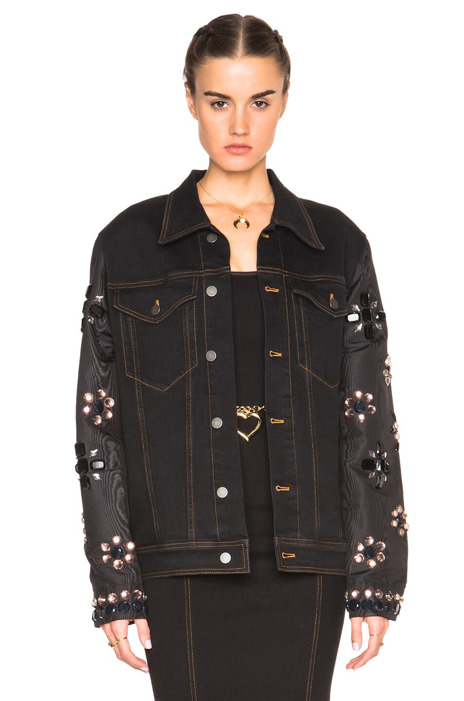 Image 1 of Alessandra Rich Denim Jacket with Embellished Sleeves in Black