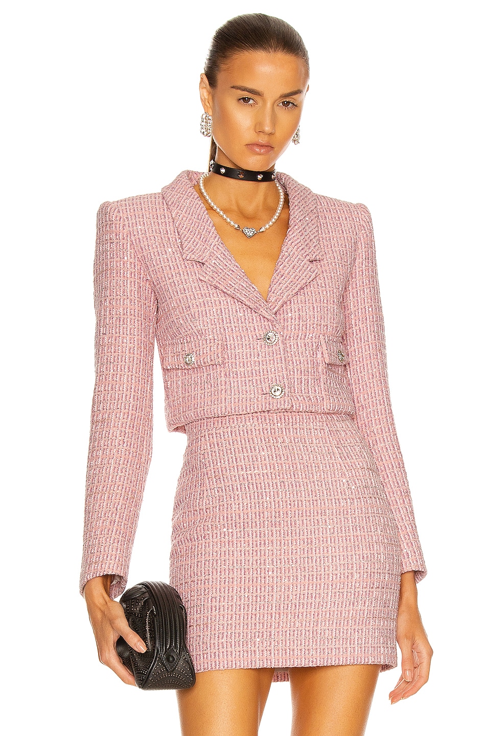Image 1 of Alessandra Rich Tweed Cropped Jacket in Pink