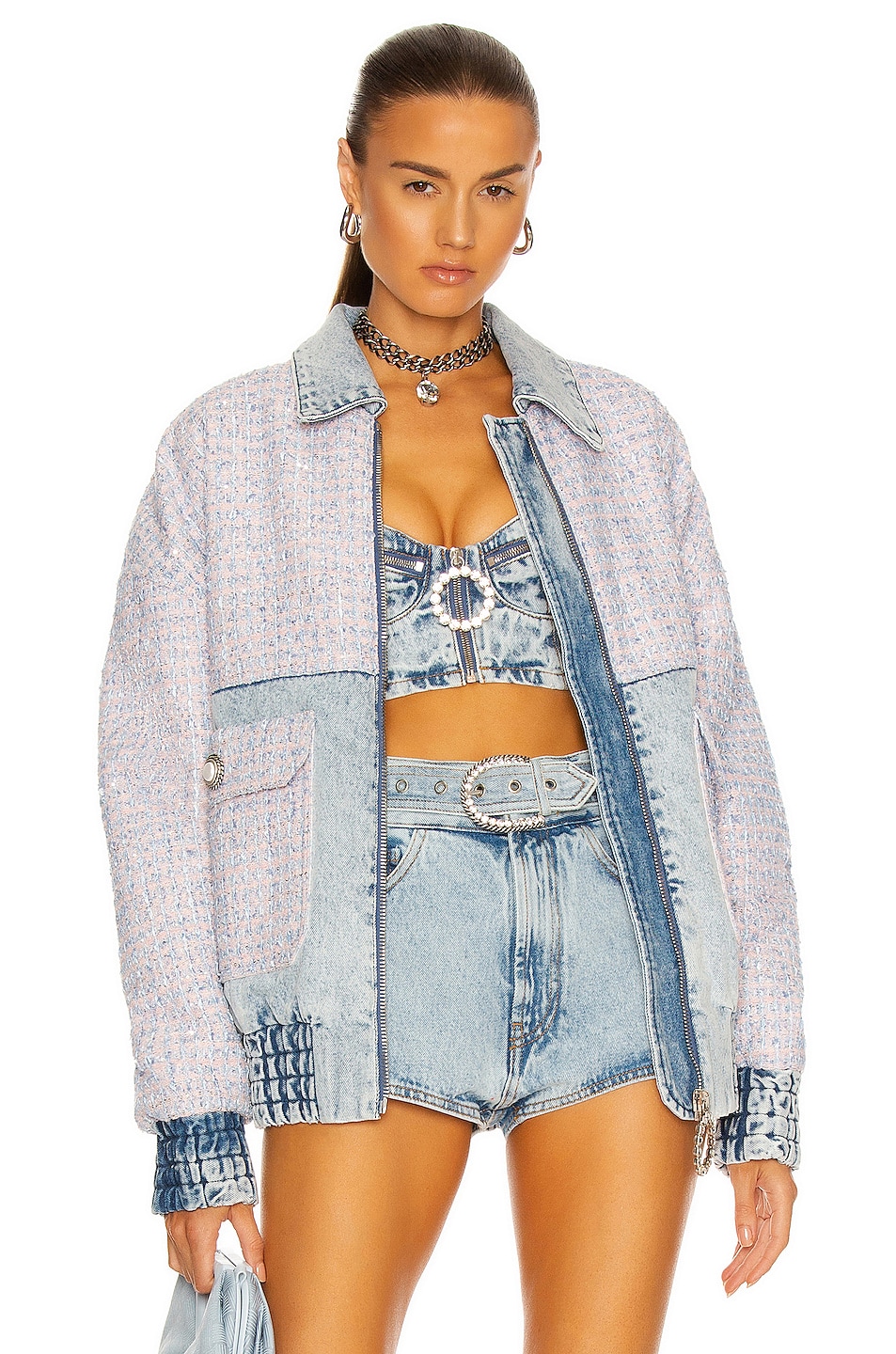 Image 1 of Alessandra Rich Denim and Tweed Bomber in Pink & Light Blue