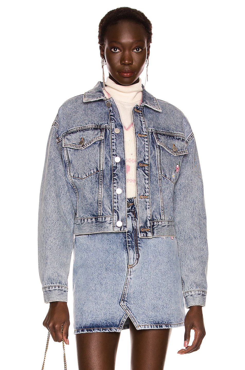 Image 1 of Alessandra Rich Embroidered Flowers Denim Jacket in Light Blue