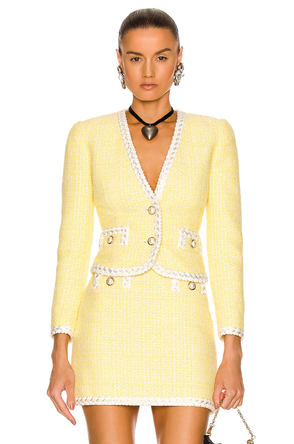 Image 1 of Alessandra Rich Sequin Tweed Jacket in Yellow & White