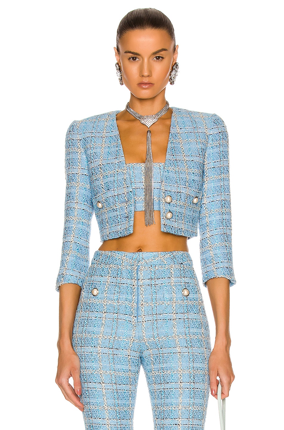 Image 1 of Alessandra Rich Checked Tweed Cropped Jacket in Light Blue