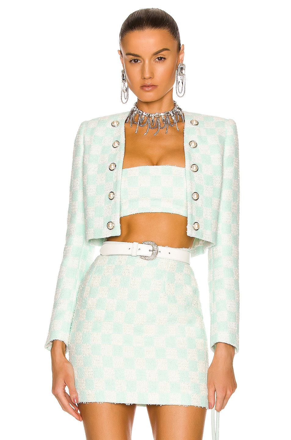 Image 1 of Alessandra Rich Damier Tweed Cropped Jacket With V Neck in Aqua & White