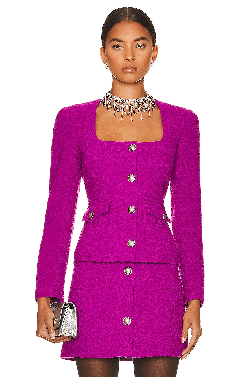 Image 1 of Alessandra Rich Tweed Boucle Square Neck Jacket in Cyclamen