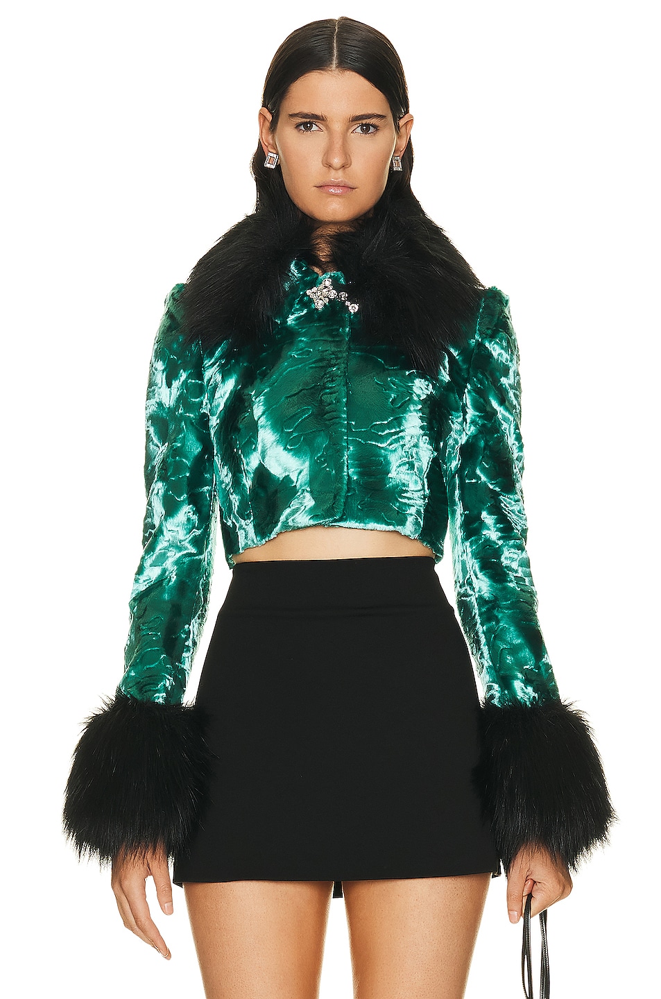 Image 1 of Alessandra Rich Faux Fur Cropped Jacket in Turquoise