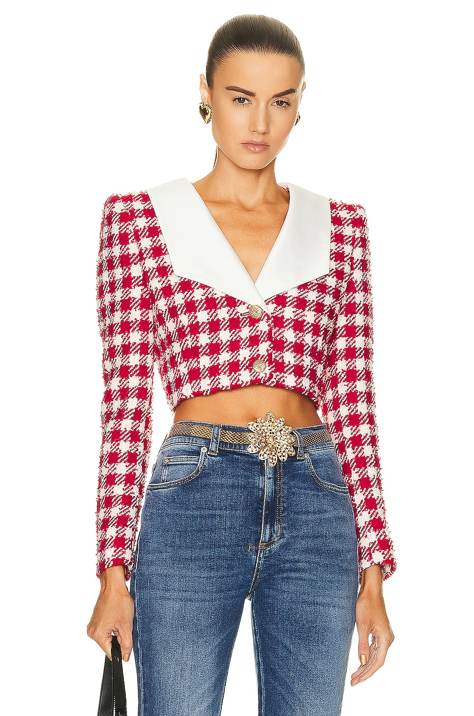 Image 1 of Alessandra Rich Vichy Tweed Cropped Jacket With Mikado Collar in Red & White