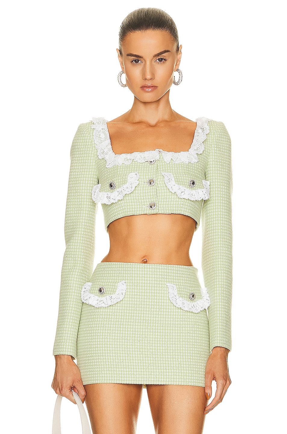 Image 1 of Alessandra Rich Cropped Tweed And Lace Jacket in Green & White