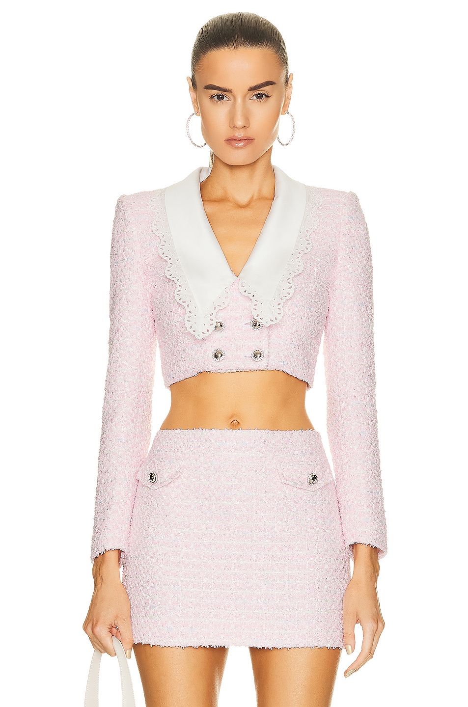 Image 1 of Alessandra Rich Tweed Cropped Jacket in Light Pink