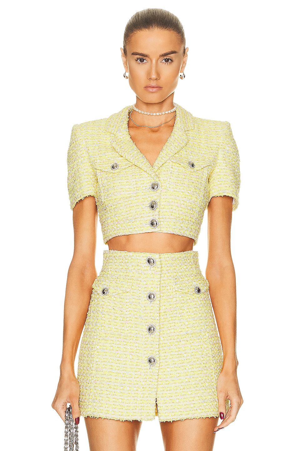Image 1 of Alessandra Rich Tweed Cropped Jacket in Yellow