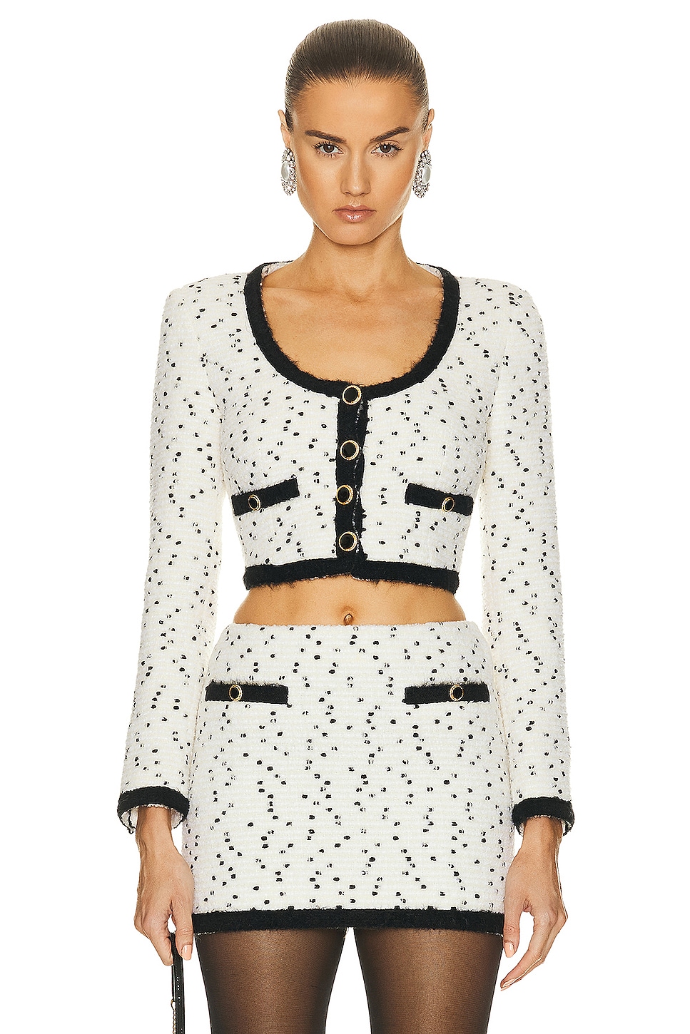 Image 1 of Alessandra Rich Tweed Boucle Cropped Jacket in Ivory & Black