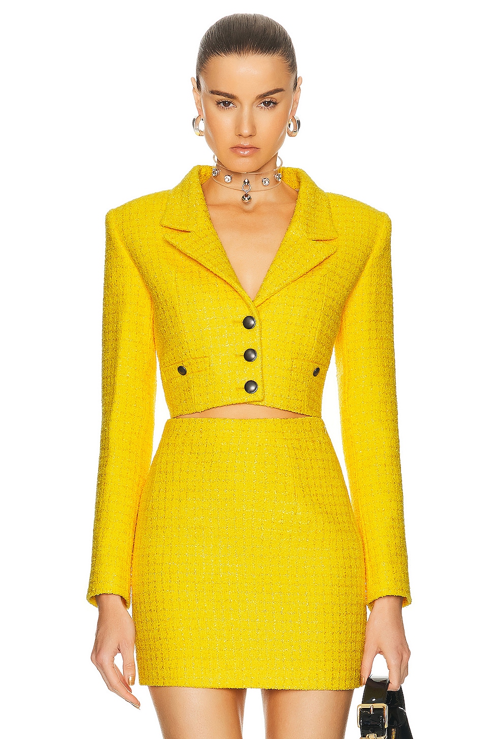 Image 1 of Alessandra Rich Checked Tweed Boucle Cropped Boxy Jacket in Yellow