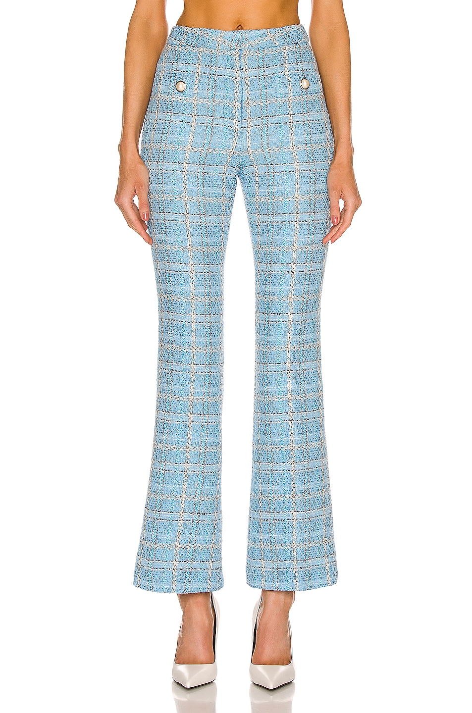 Image 1 of Alessandra Rich Checked Tweed Flared Trousers in Light Blue