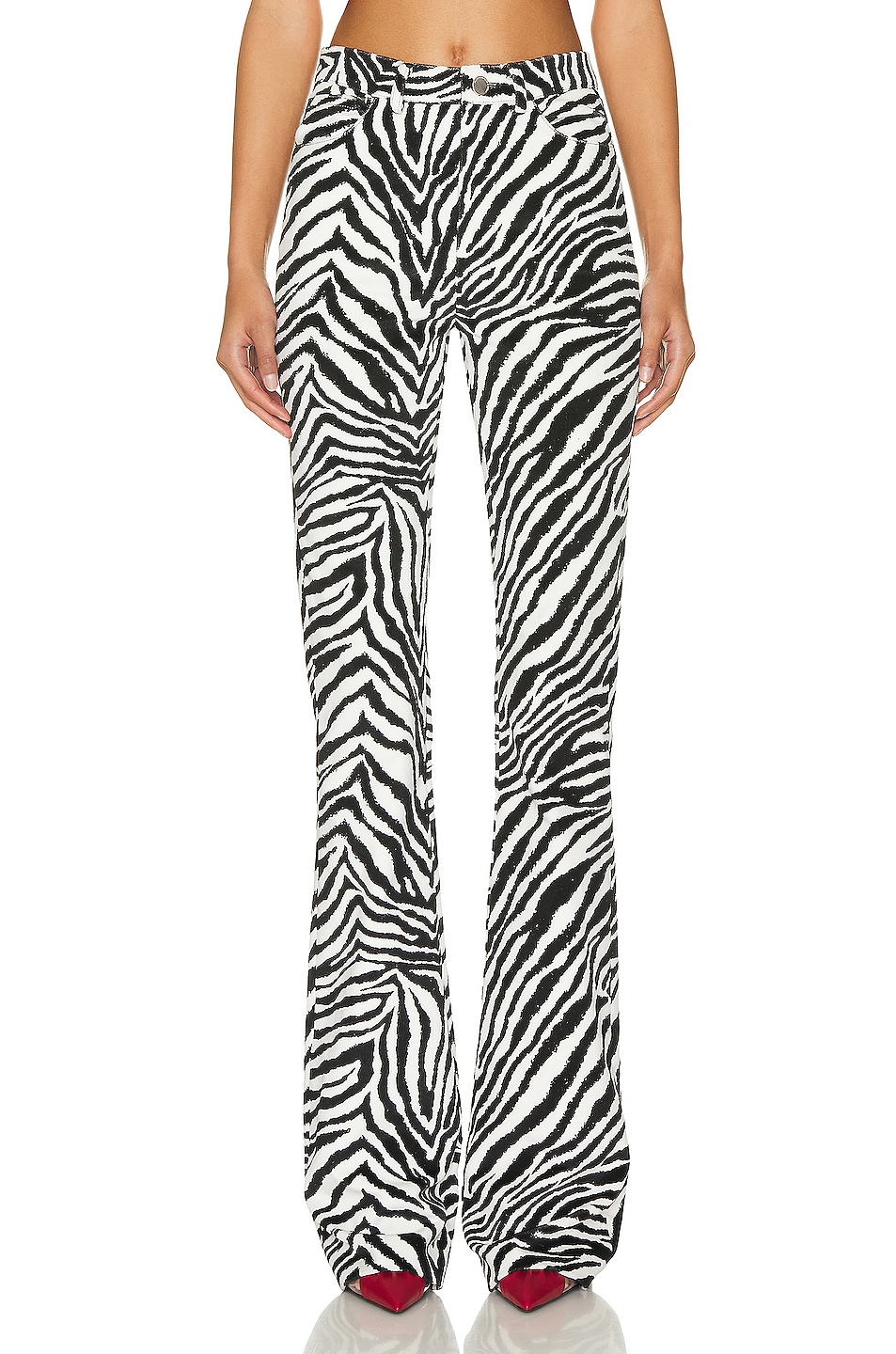 Image 1 of Alessandra Rich Zebra Print Velvet Flared Trouser in Black & White