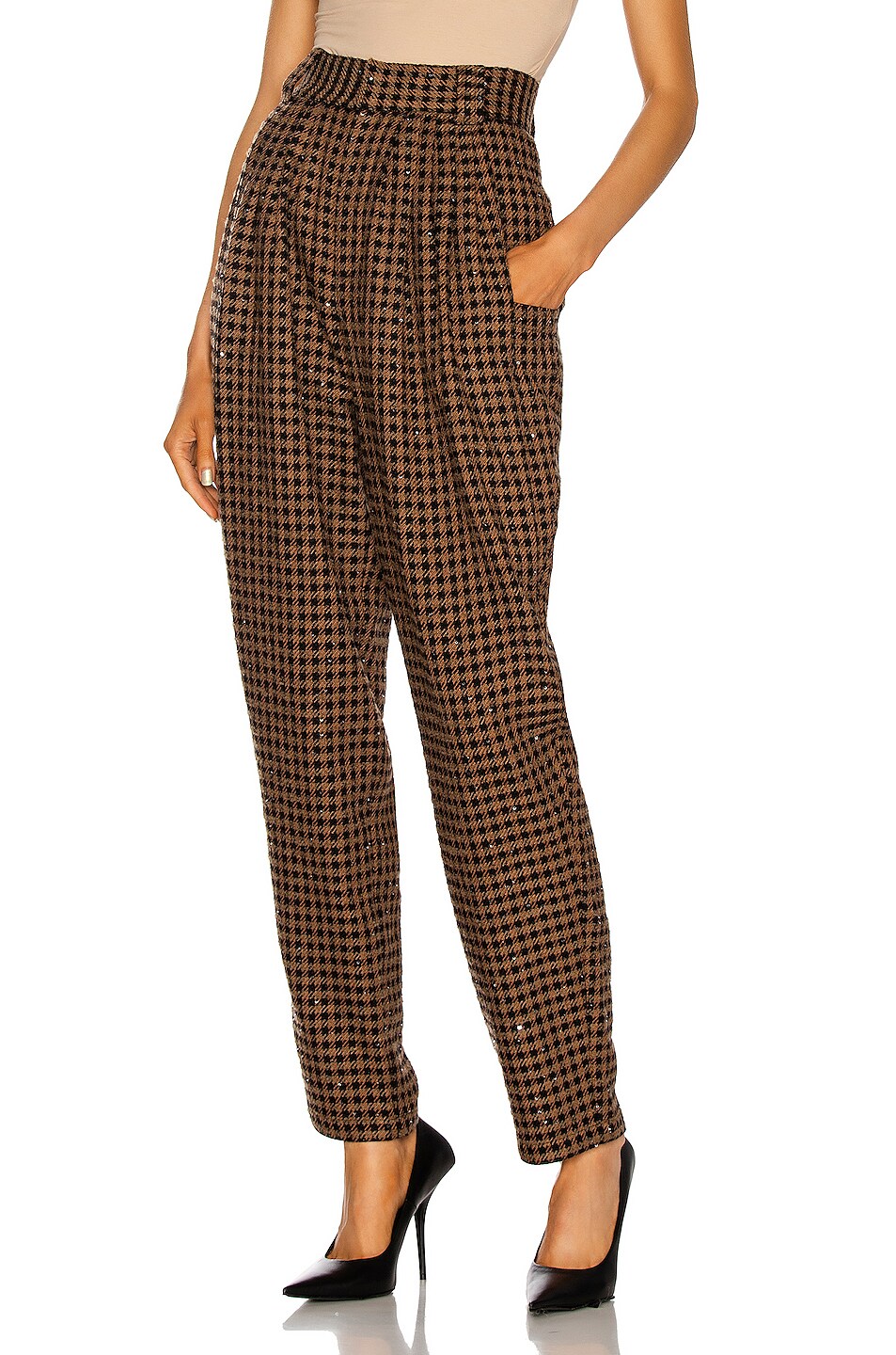 Image 1 of Alessandra Rich Vichy Sequin Tweed High Waisted Trousers in Brown & Black