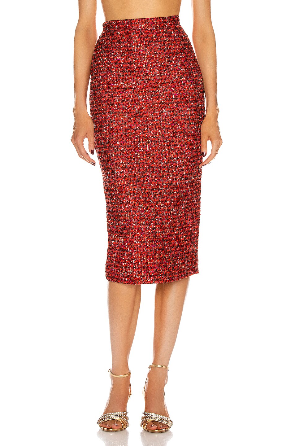 Image 1 of Alessandra Rich Midi Sequin Tweed Skirt in Red