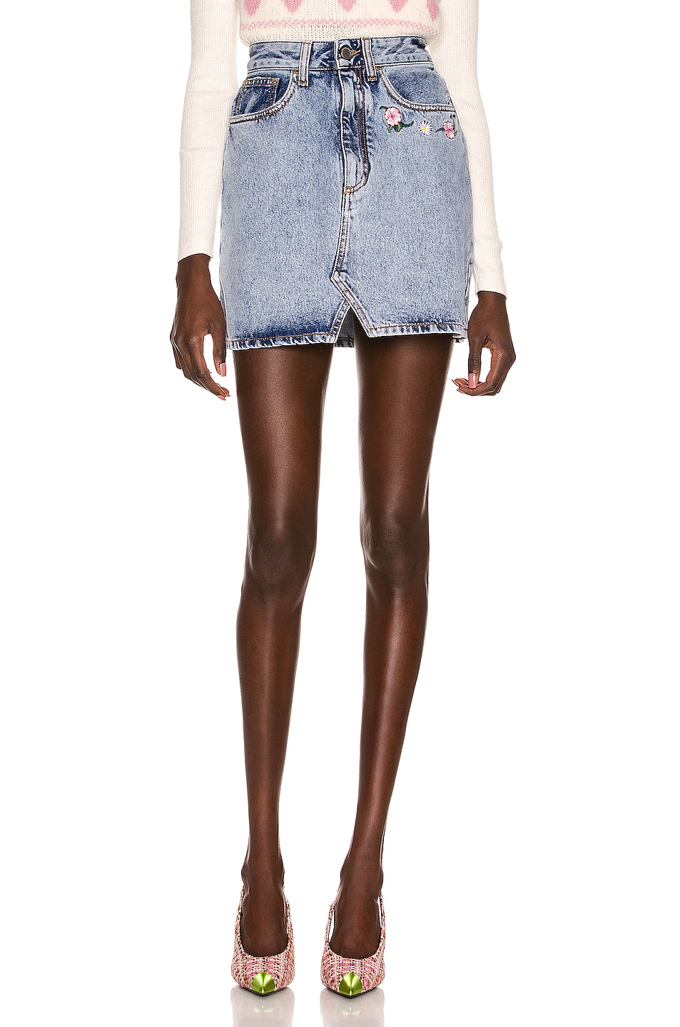 Image 1 of Alessandra Rich Embroidered Flowers Denim Mini Skirt in Light Blue