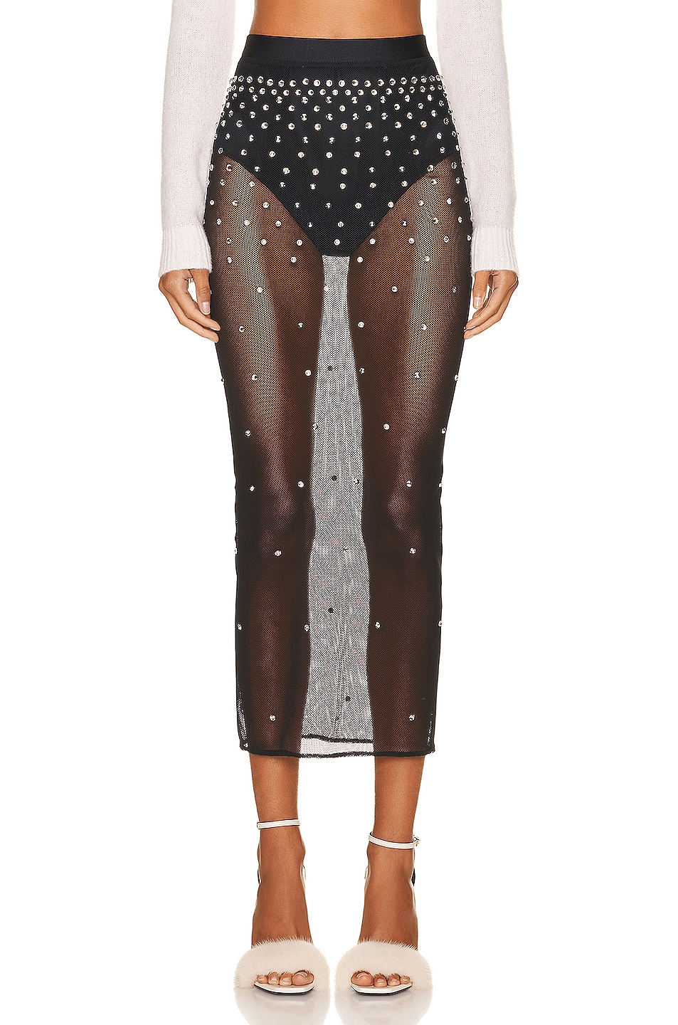 Image 1 of Alessandra Rich Crystal Embellished Net Midi Skirt in Black