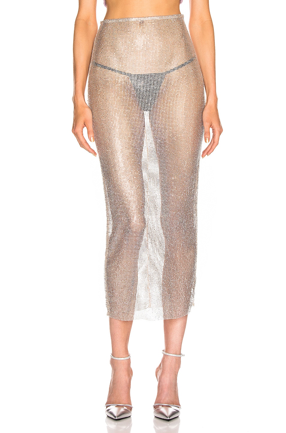 Image 1 of Alessandra Rich Crystal Net Midi Skirt in Nude & Crystal