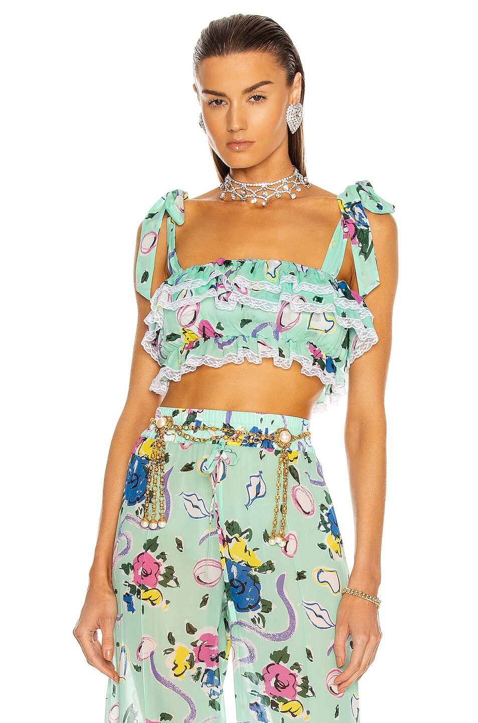Image 1 of Alessandra Rich Floral Copped Frill Top in Green