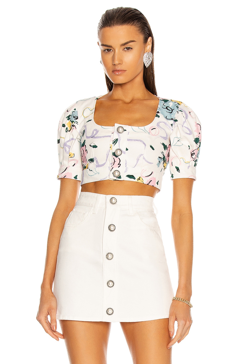 Image 1 of Alessandra Rich Floral Ribbon Print Top in White