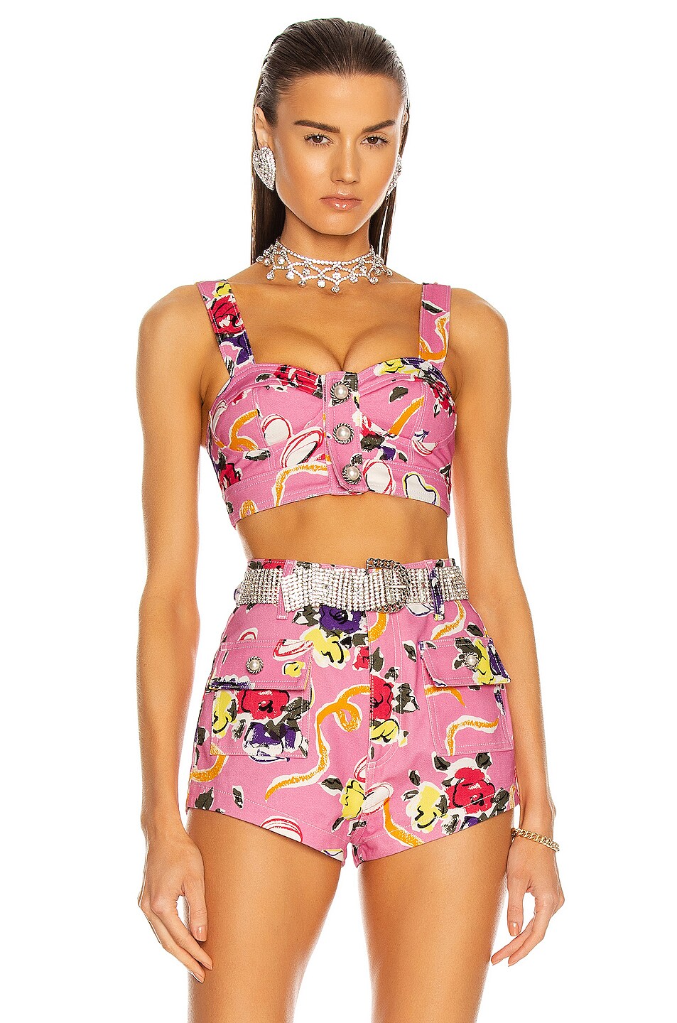 Image 1 of Alessandra Rich Floral Ribbon Print Bralette in Pink
