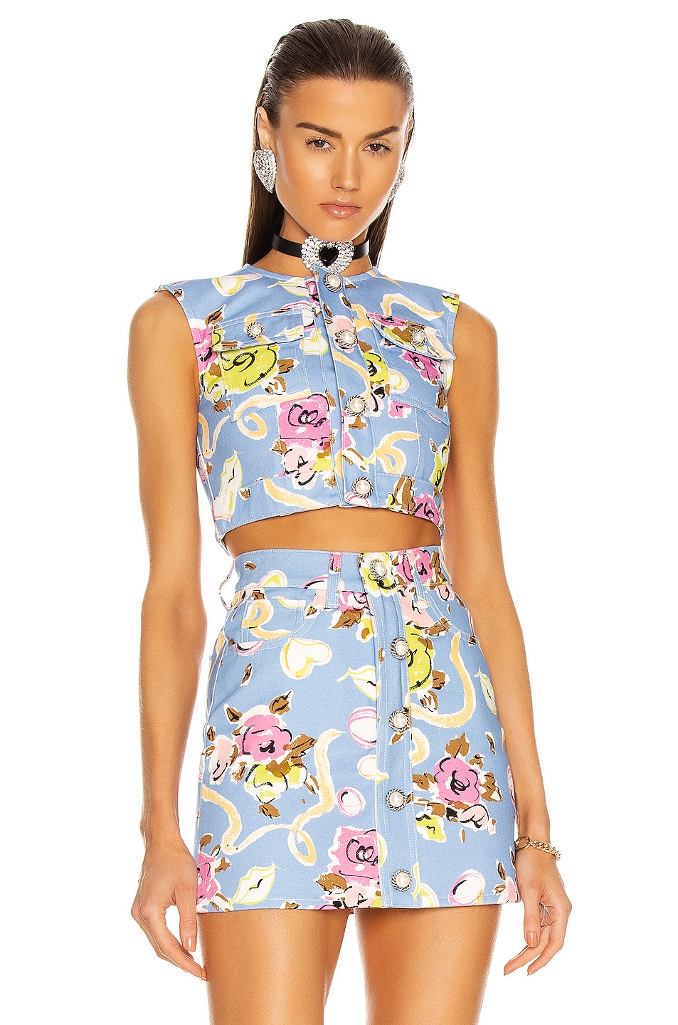 Image 1 of Alessandra Rich Floral Ribbon Print Button Top in Light Blue