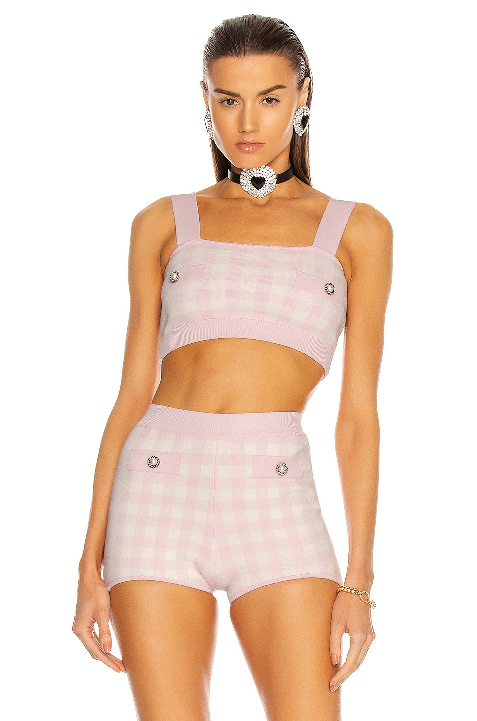 Image 1 of Alessandra Rich Gingham Knitted Bralette in Pink & White