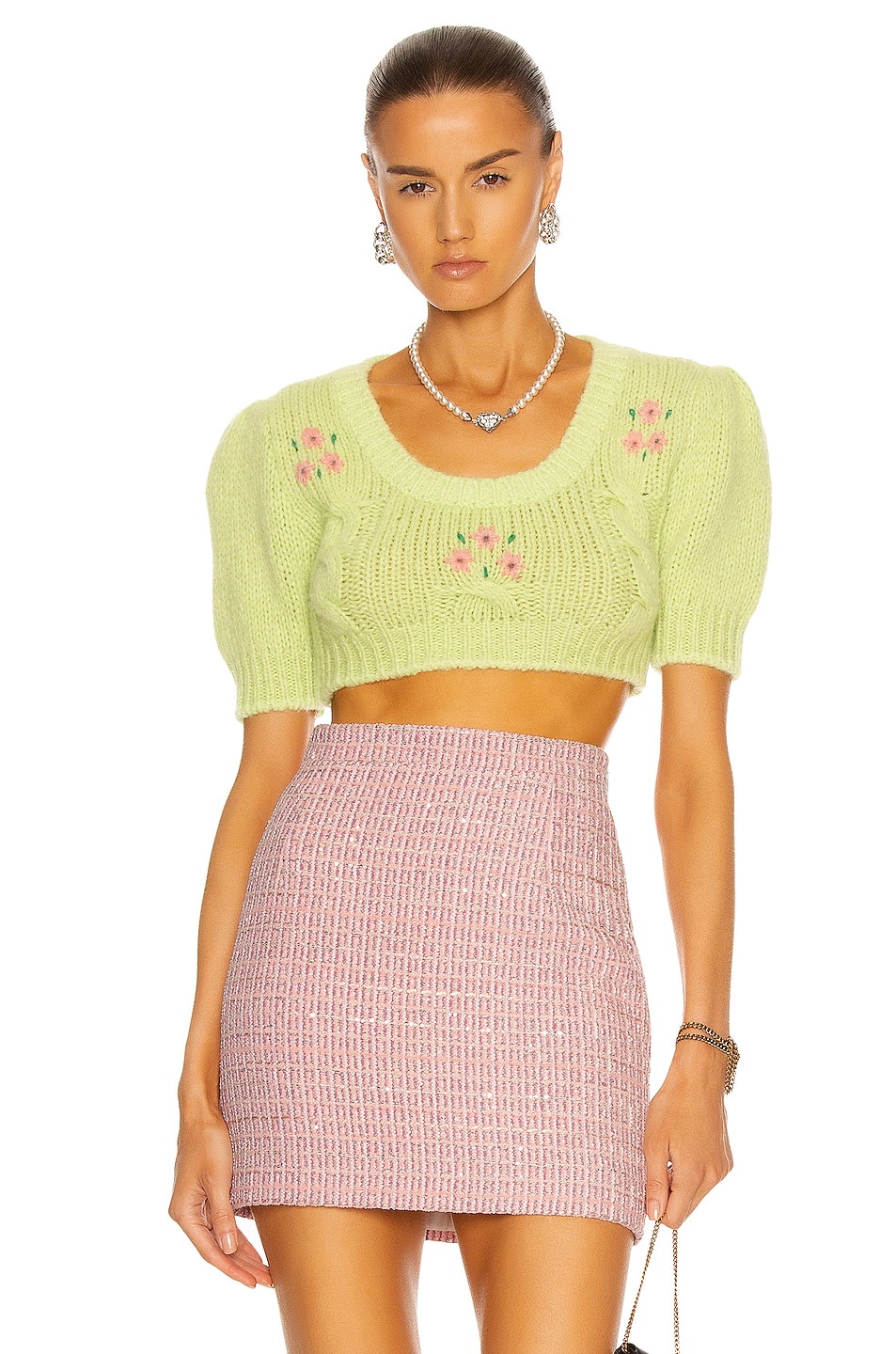 Image 1 of Alessandra Rich Embellished Mohair Cropped Top in Green