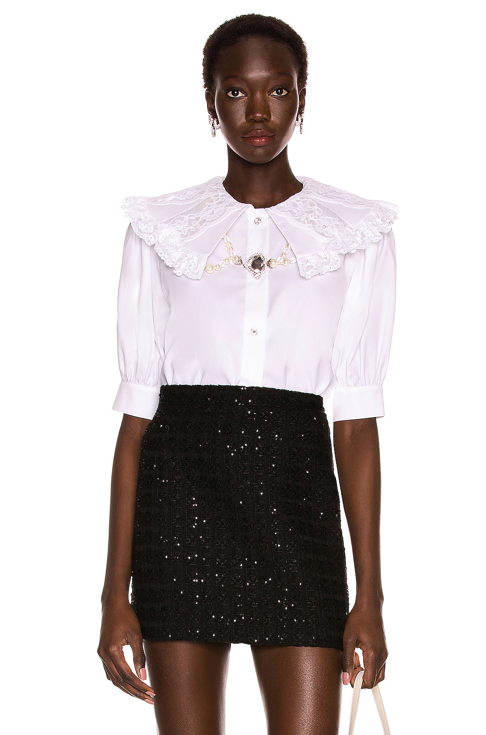 Image 1 of Alessandra Rich Cotton Poplin Lace Collar Blouse in White