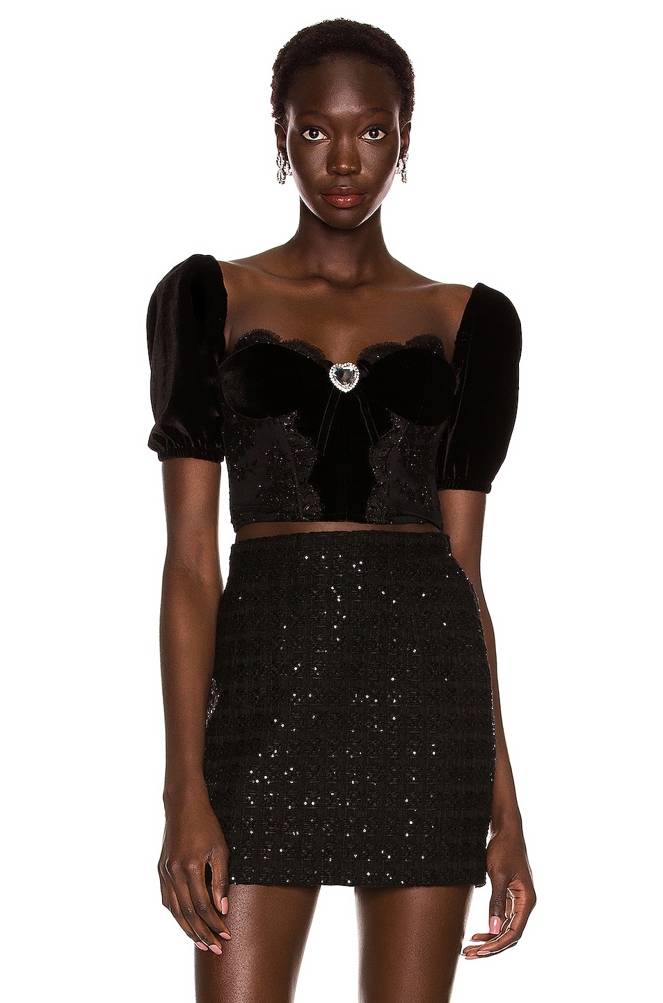 Image 1 of Alessandra Rich Lace Velvet Bustier Top in Black