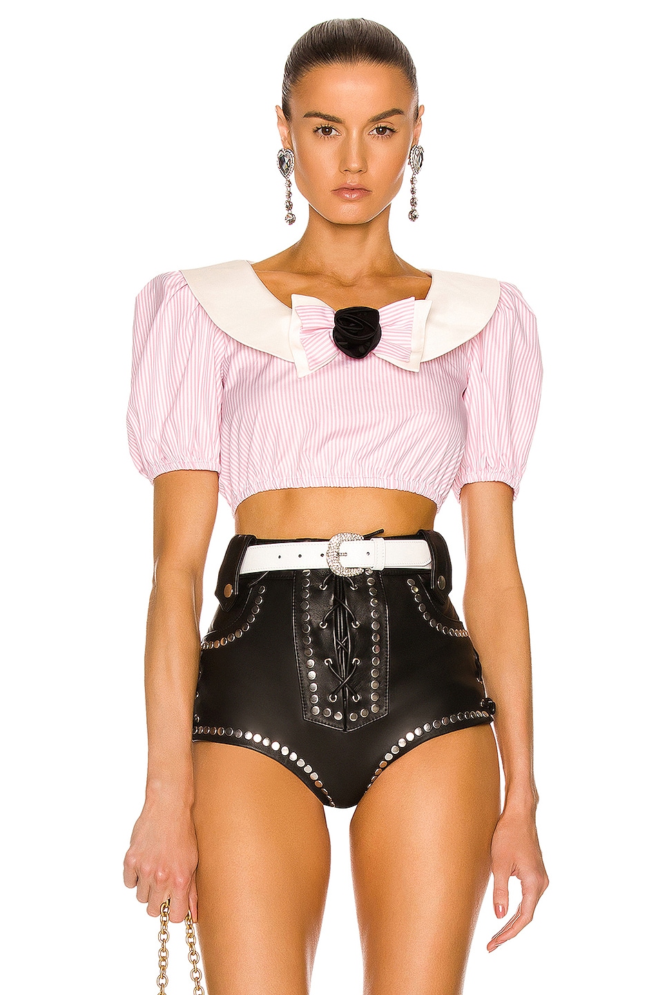 Image 1 of Alessandra Rich Pinstripe Cotton Cropped Top in Light Pink & White