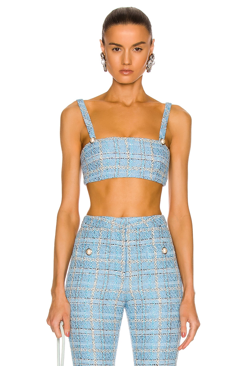 Image 1 of Alessandra Rich Checked Tweed Bralet in Light Blue