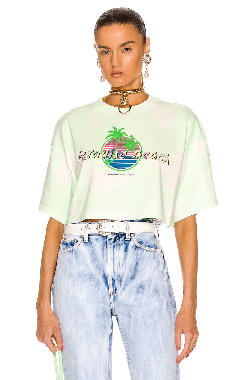 Image 1 of Alessandra Rich Paradise Beach Tie Dye Cropped T-Shirt in Green