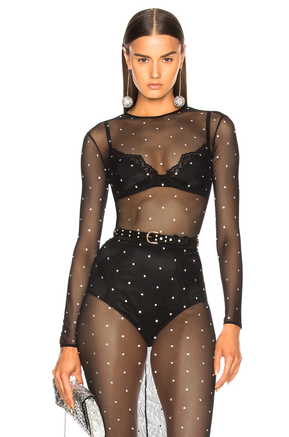 Image 1 of Alessandra Rich Mesh Bodysuit with Crystals in Black