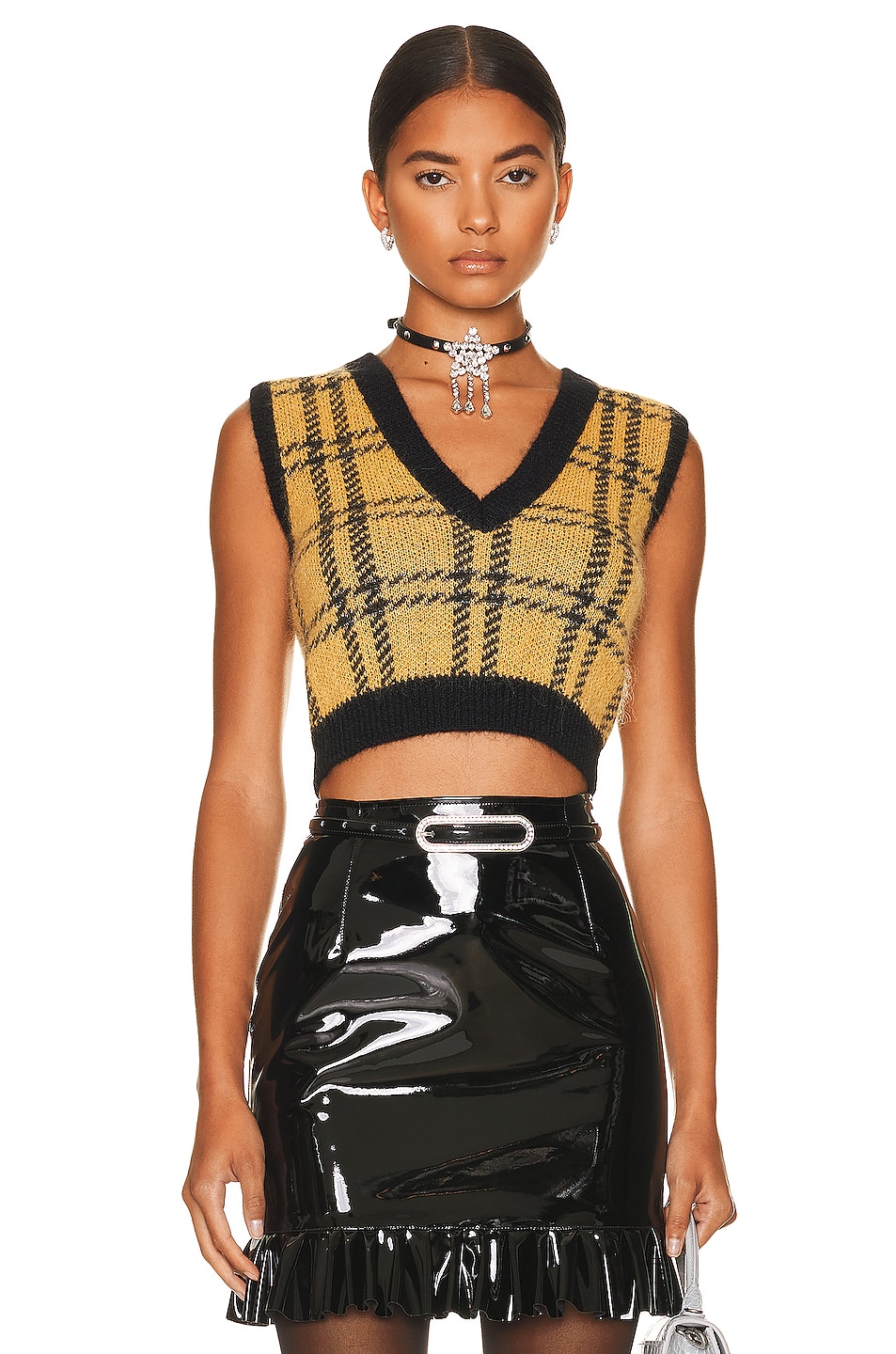 Image 1 of Alessandra Rich Tartan Knitted Sleeveless Top in Yellow & Black