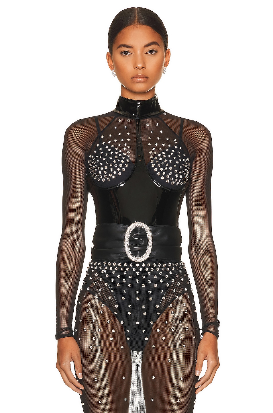 Image 1 of Alessandra Rich Crystal Embellished Bodysuit in Black