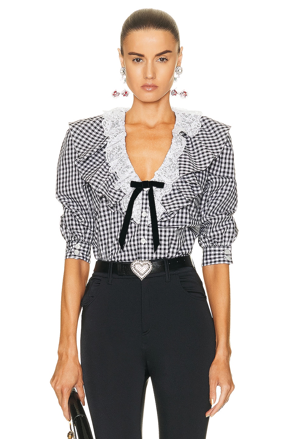 Image 1 of Alessandra Rich Vichy Cotton Blouse With Lace Collar in Black